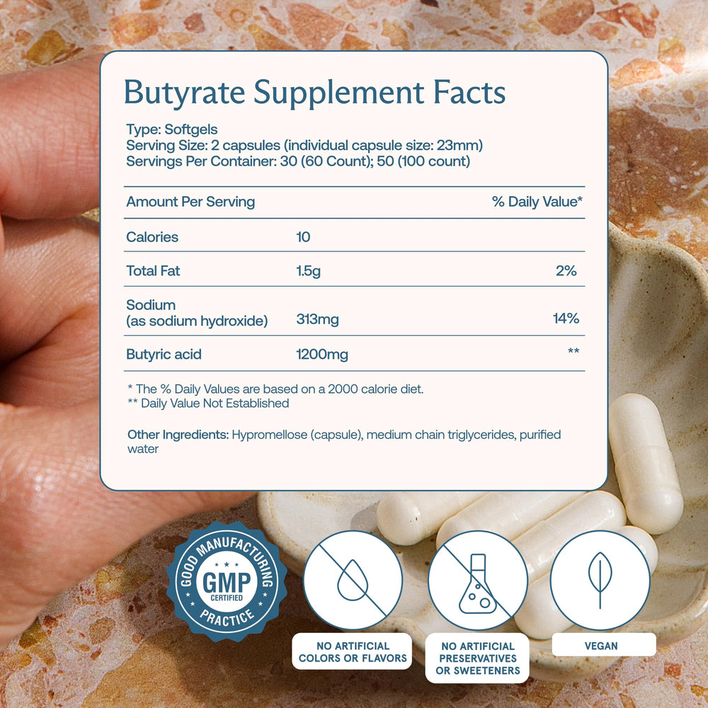 Closeup of BodyBio Butyrate capsules highlighting clean vegan formulation for digestion.