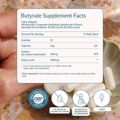 Closeup of BodyBio Butyrate capsules highlighting clean vegan formulation for digestion.