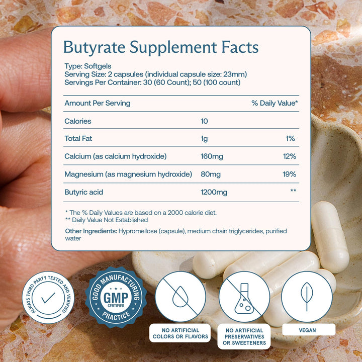 BodyBio Butyrate capsules shown, convenient postbiotic for daily digestive comfort.