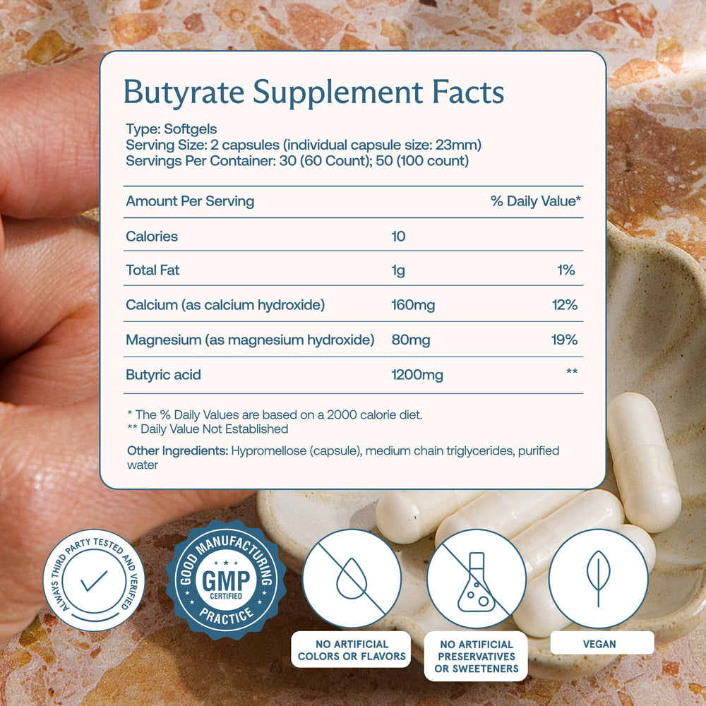 BodyBio Butyrate capsules shown, convenient postbiotic for daily digestive comfort.