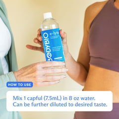 BodyBio e-Lyte dissolving in water illustrating quick refreshment.