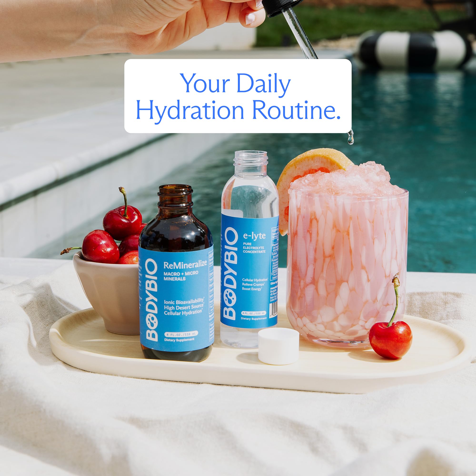 BodyBio e-Lyte reseal-cap keeping contents fresh for on-the-go hydration.
