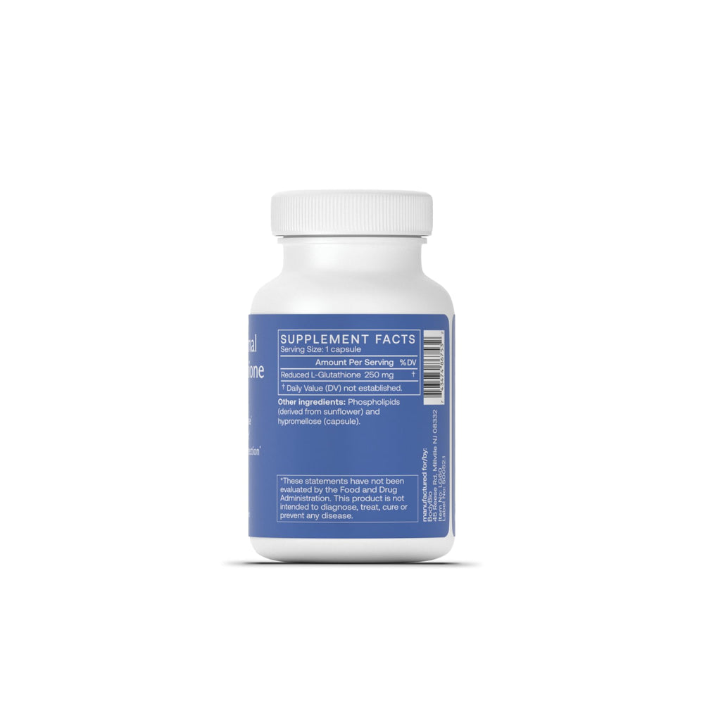 BodyBio Liposomal Glutathione bottle back label highlights dosage and ingredients for transparency.