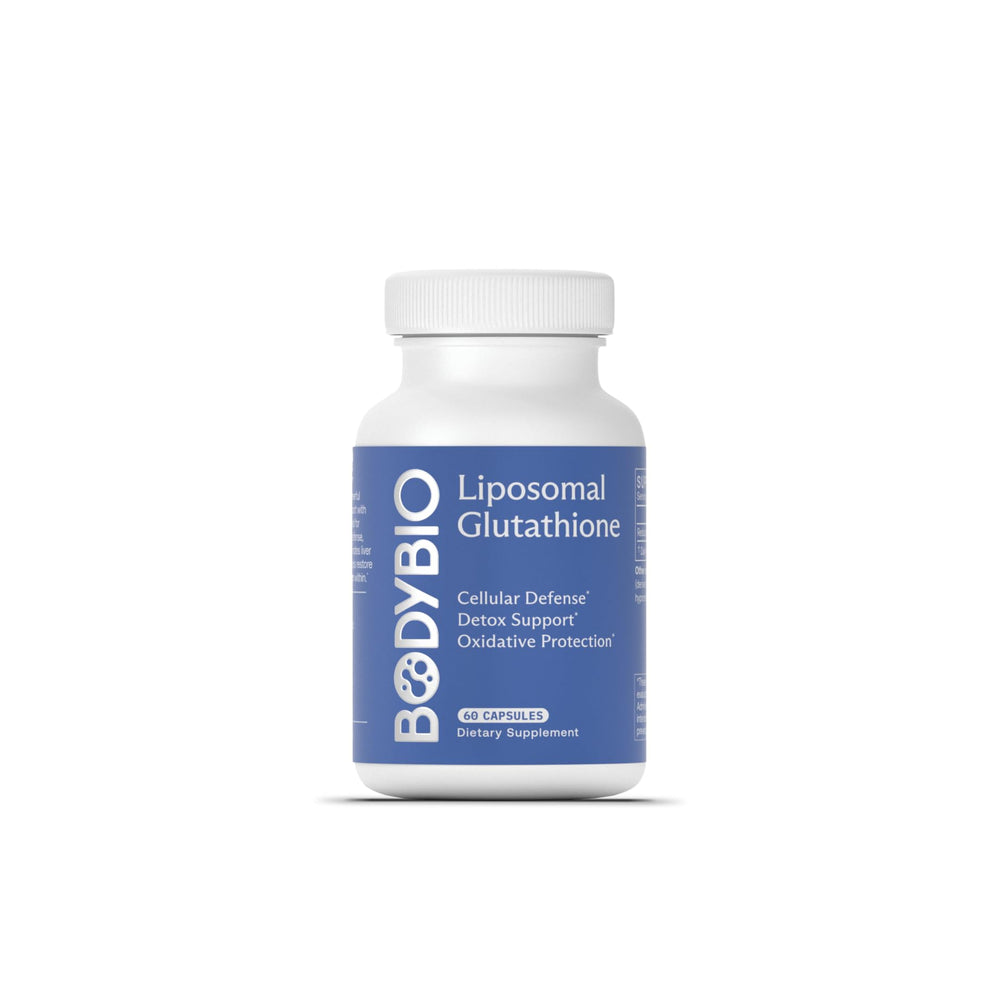 BodyBio Liposomal Glutathione bottle front shows detox support and daily antioxidant use.