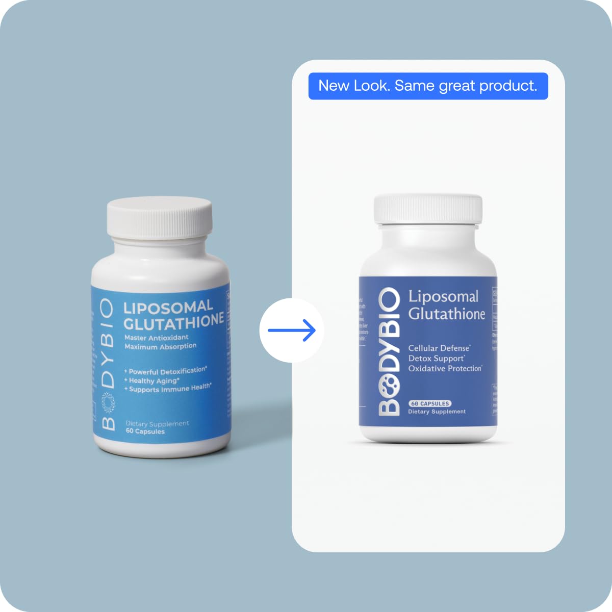 BodyBio Liposomal Glutathione bottle near glass implies daily wellness and immune support.