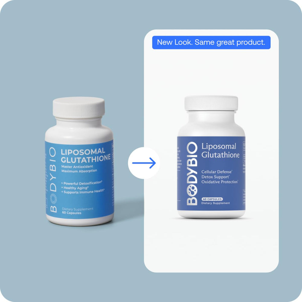 BodyBio Liposomal Glutathione bottle near glass implies daily wellness and immune support.