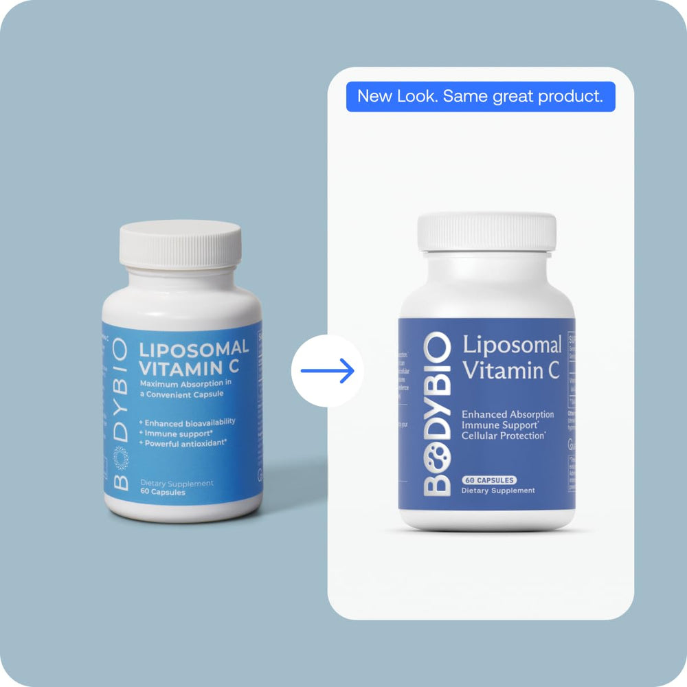 BodyBio Liposomal Vitamin C on a clean kitchen counter for everyday routine