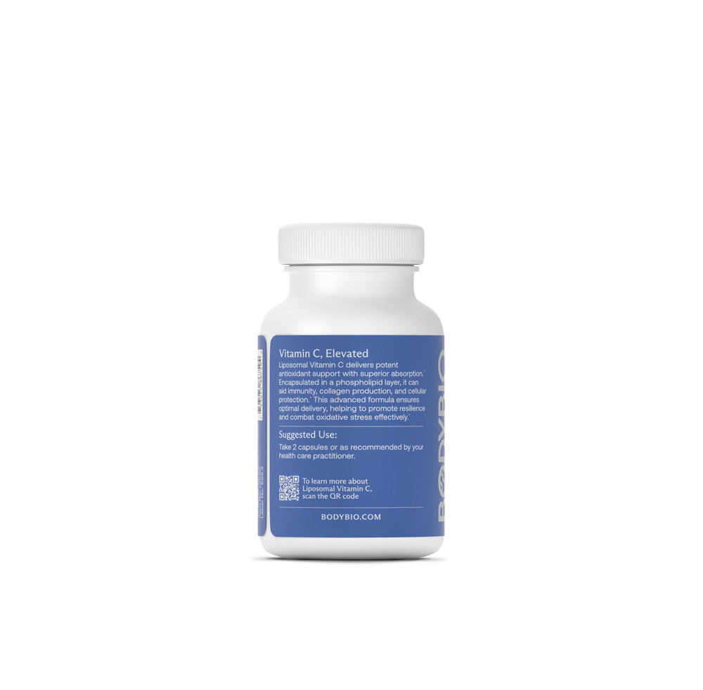 Closeup of BodyBio Liposomal Vitamin C capsules highlighting liposomal delivery