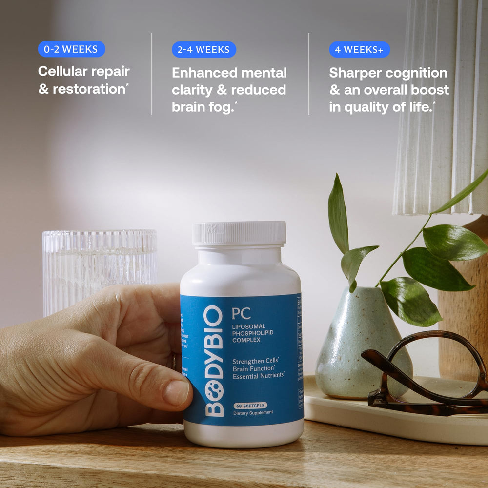 BodyBio PC capsules closeup signals gentle daily detox and membrane nutrition.