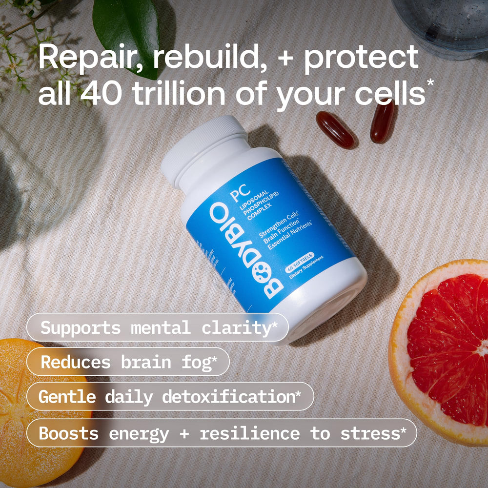 Close-up of BodyBio PC label signaling cellular membrane support.