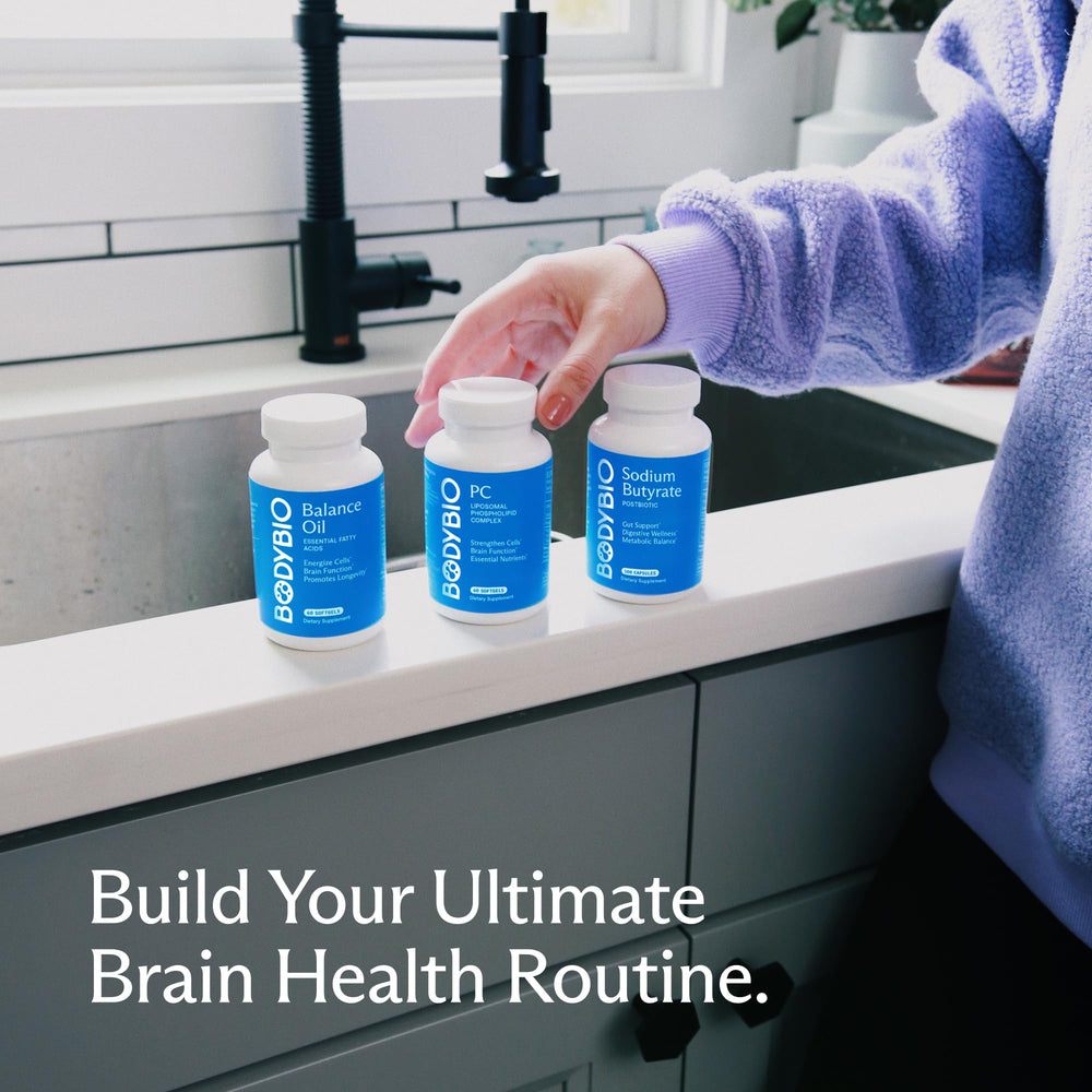 Morning routine with BodyBio PC capsules for daily use.