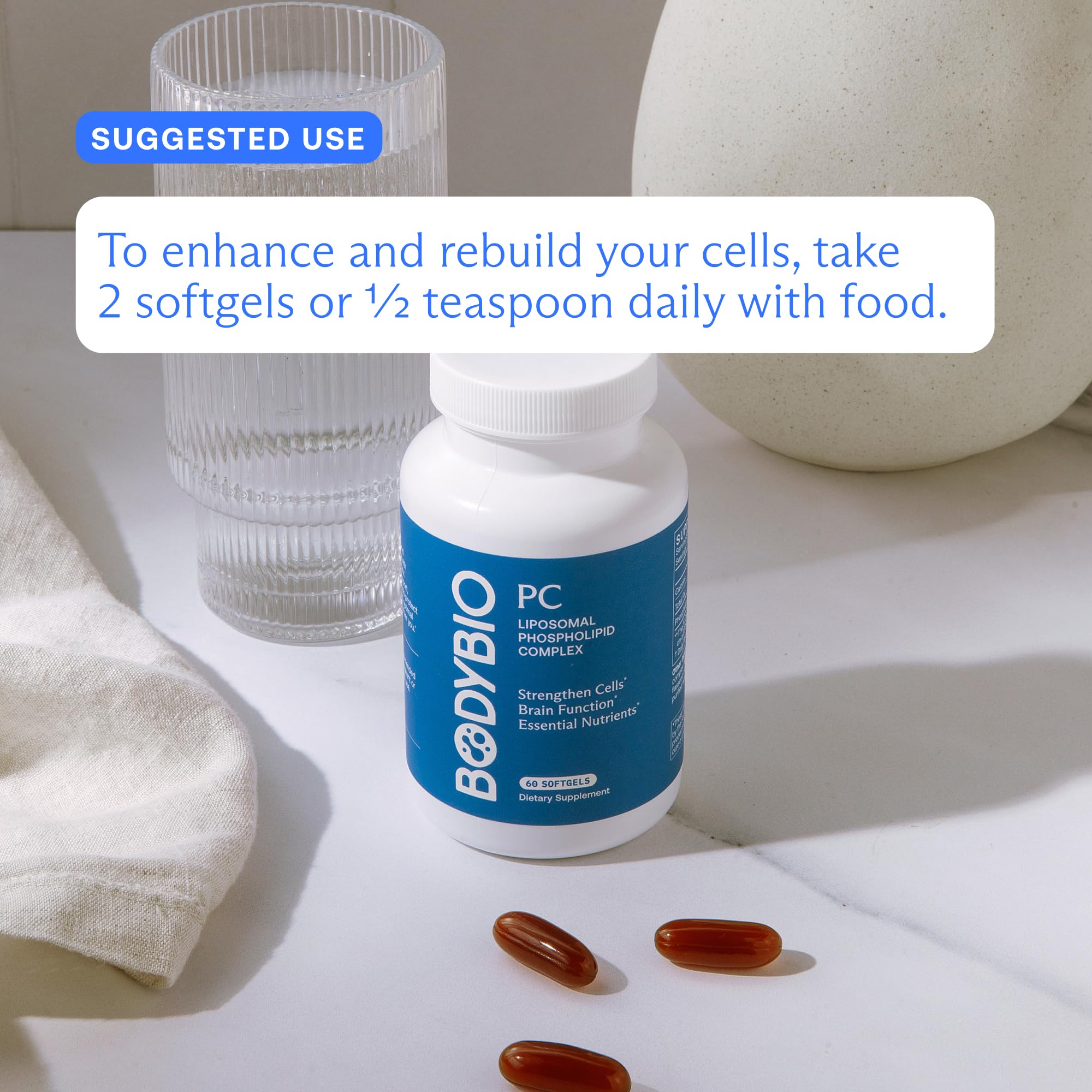 BodyBio PC promotes skin hydration from within via phospholipids.