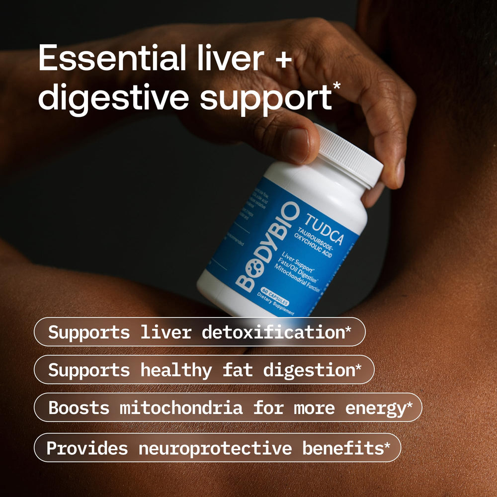 BodyBio TUDCA bottle pour and label detail, easy dosing