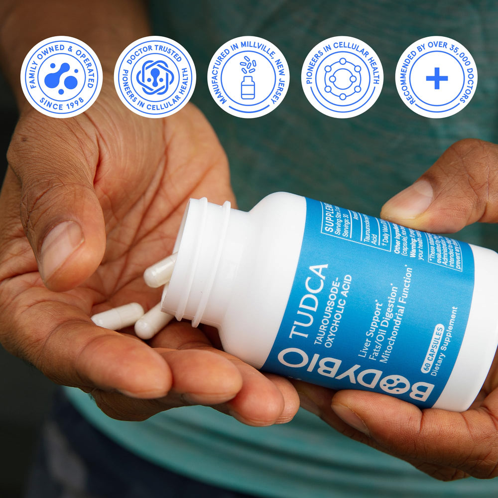BodyBio TUDCA capsules in glass bottle, ideal daily use