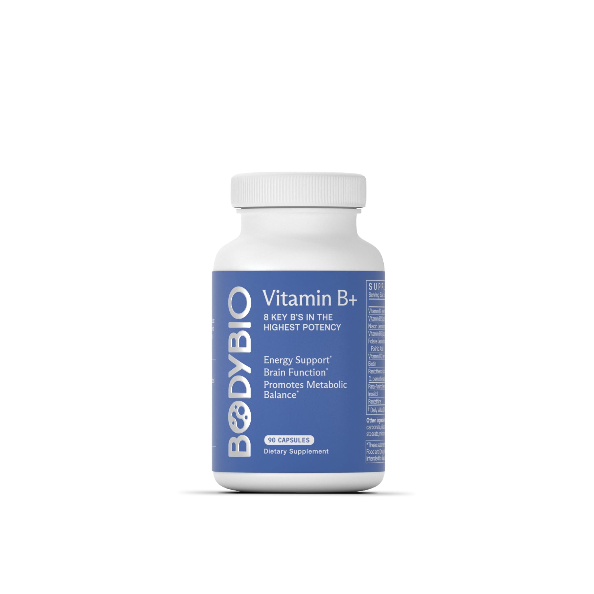 BodyBio Vitamin B+ bottle front promoting daily energy support