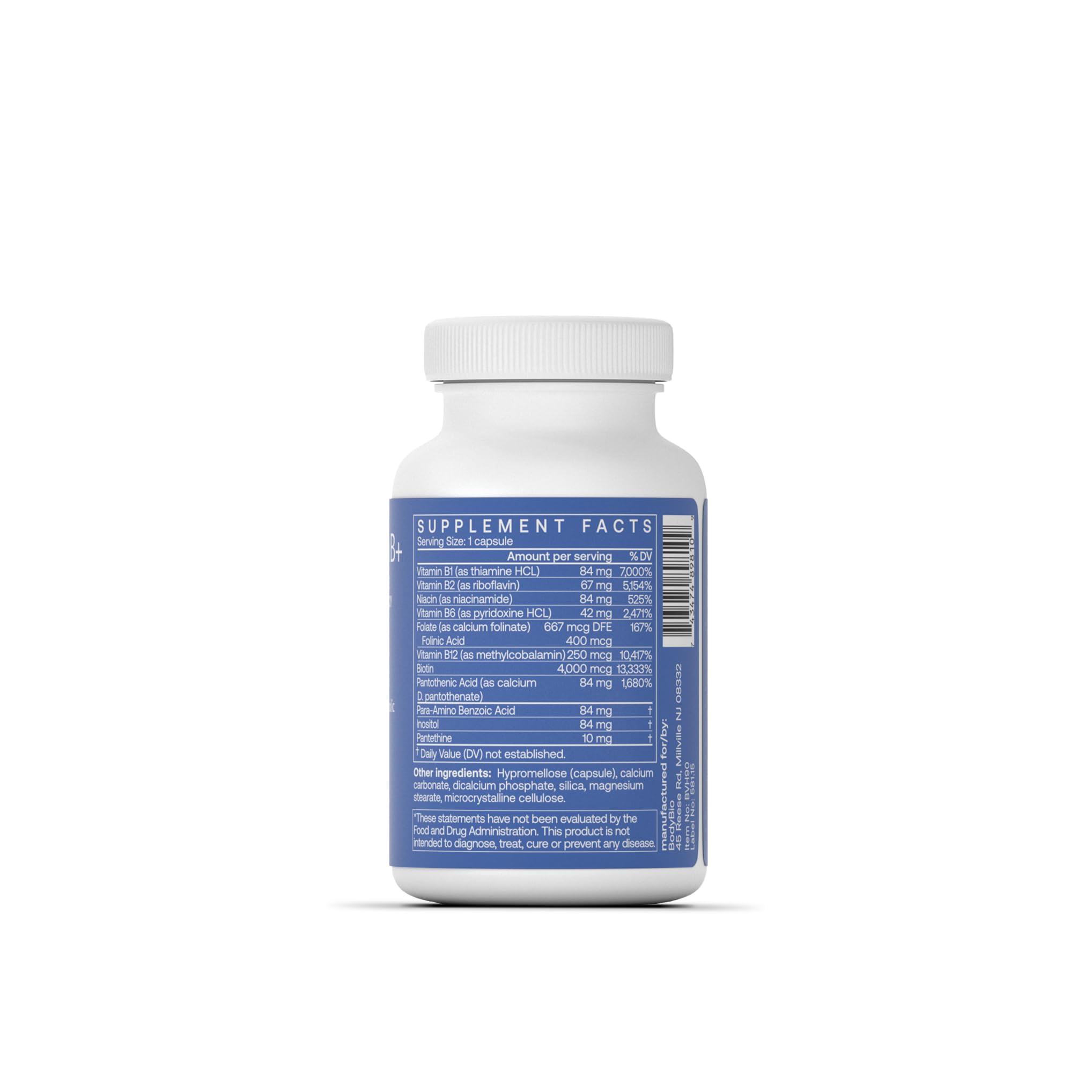 Close-up of BodyBio Vitamin B+ capsules highlighting B complex
