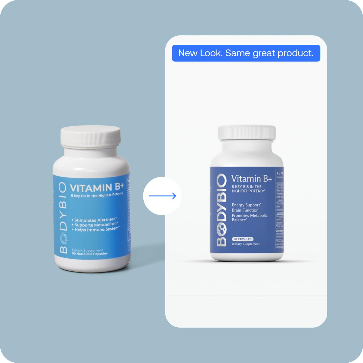BodyBio Vitamin B+ packaging detail showing purity and absence of artificial additives
