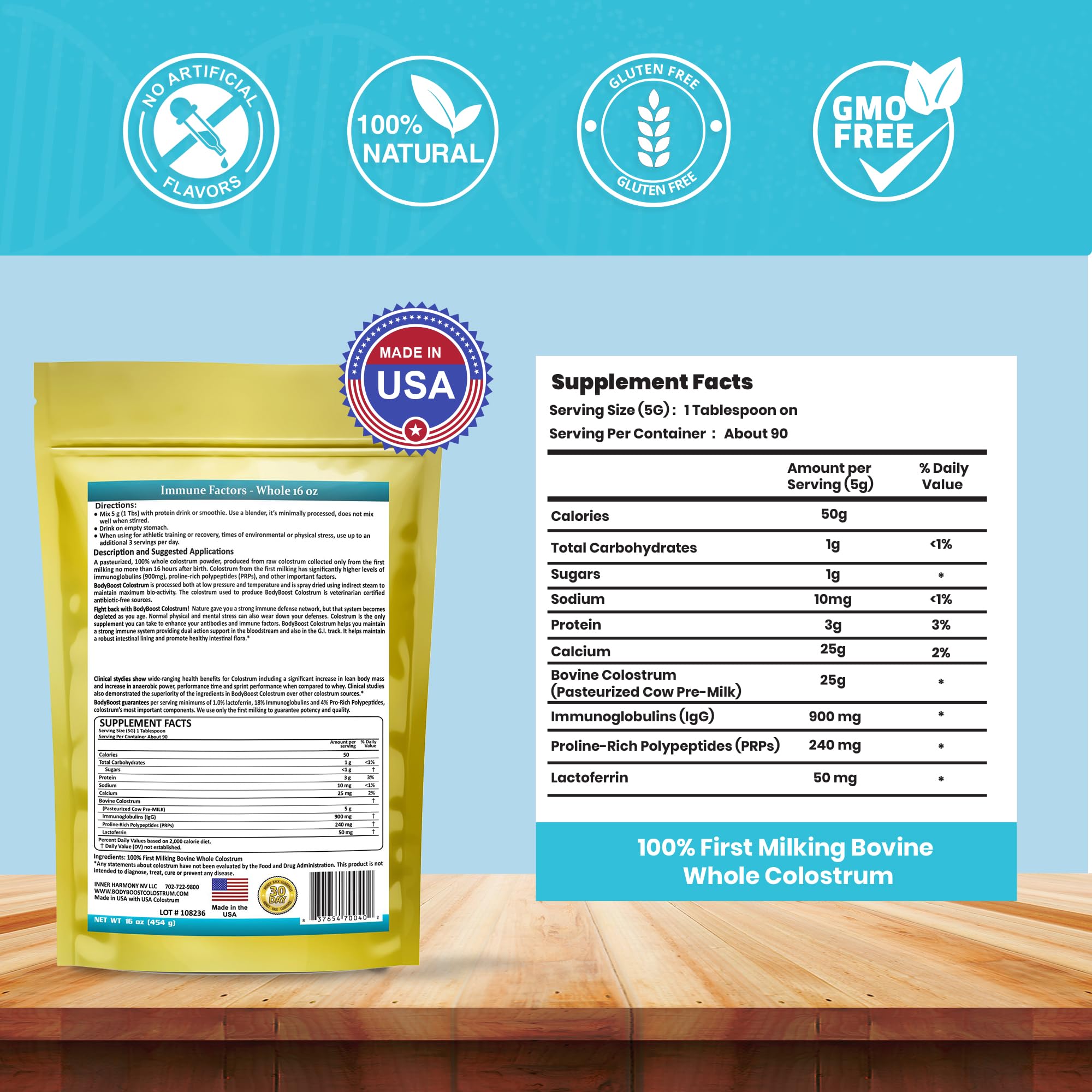 BodyBoost Colostrum powder scoop shows easy shake-in use.