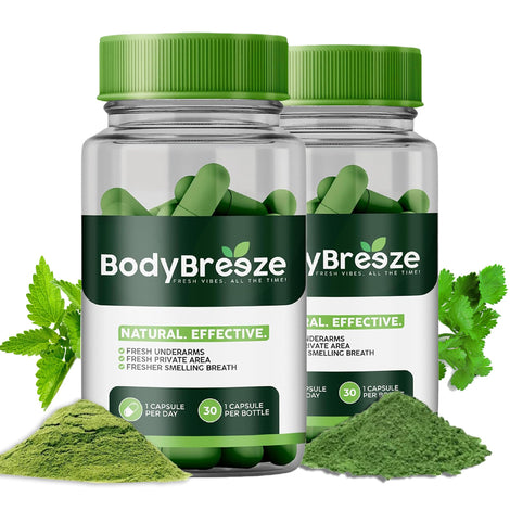 BodyBreeze bottle front shows chlorophyll-based formula for daily odor control.