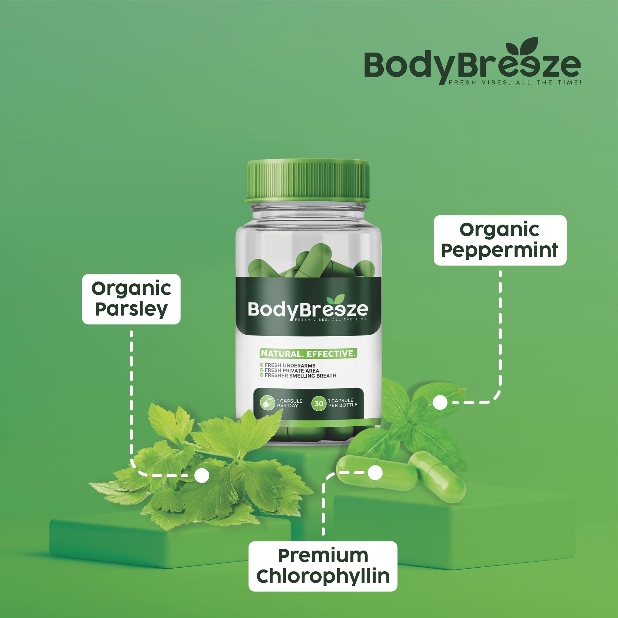 BodyBreeze capsules close-up highlighting plant-based chlorophyll ingredients for detox.
