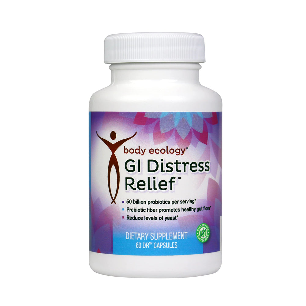 Body Ecology GI Distress Relief bottle showing probiotic blend for gut balance.