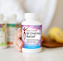 Body Ecology GI Distress Relief capsules supporting digestion and immune balance.