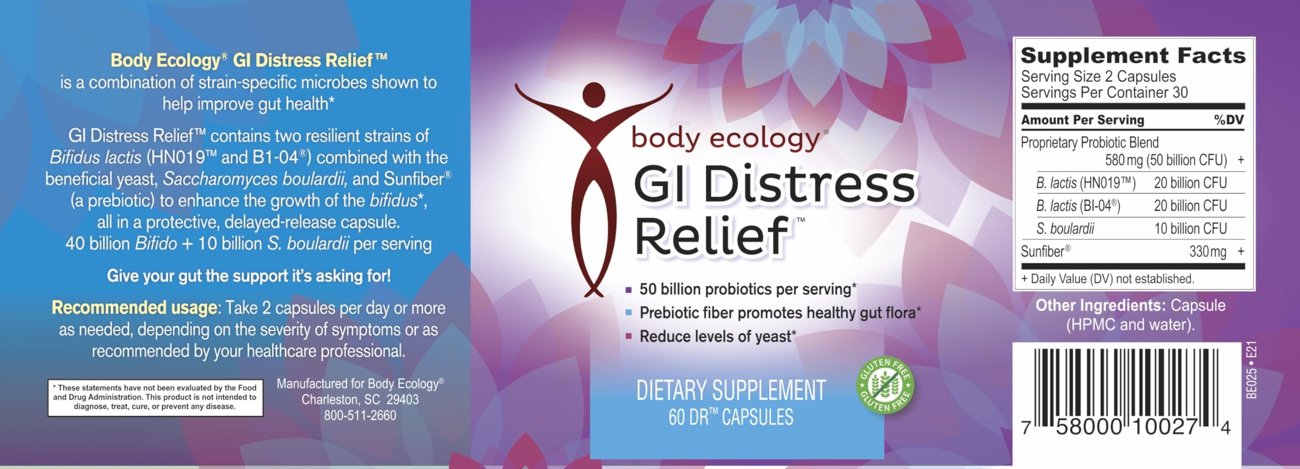Close view of Body Ecology GI Distress Relief ingredients for gut health.