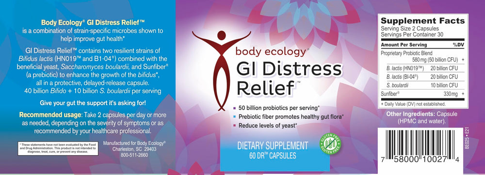 Close view of Body Ecology GI Distress Relief ingredients for gut health.