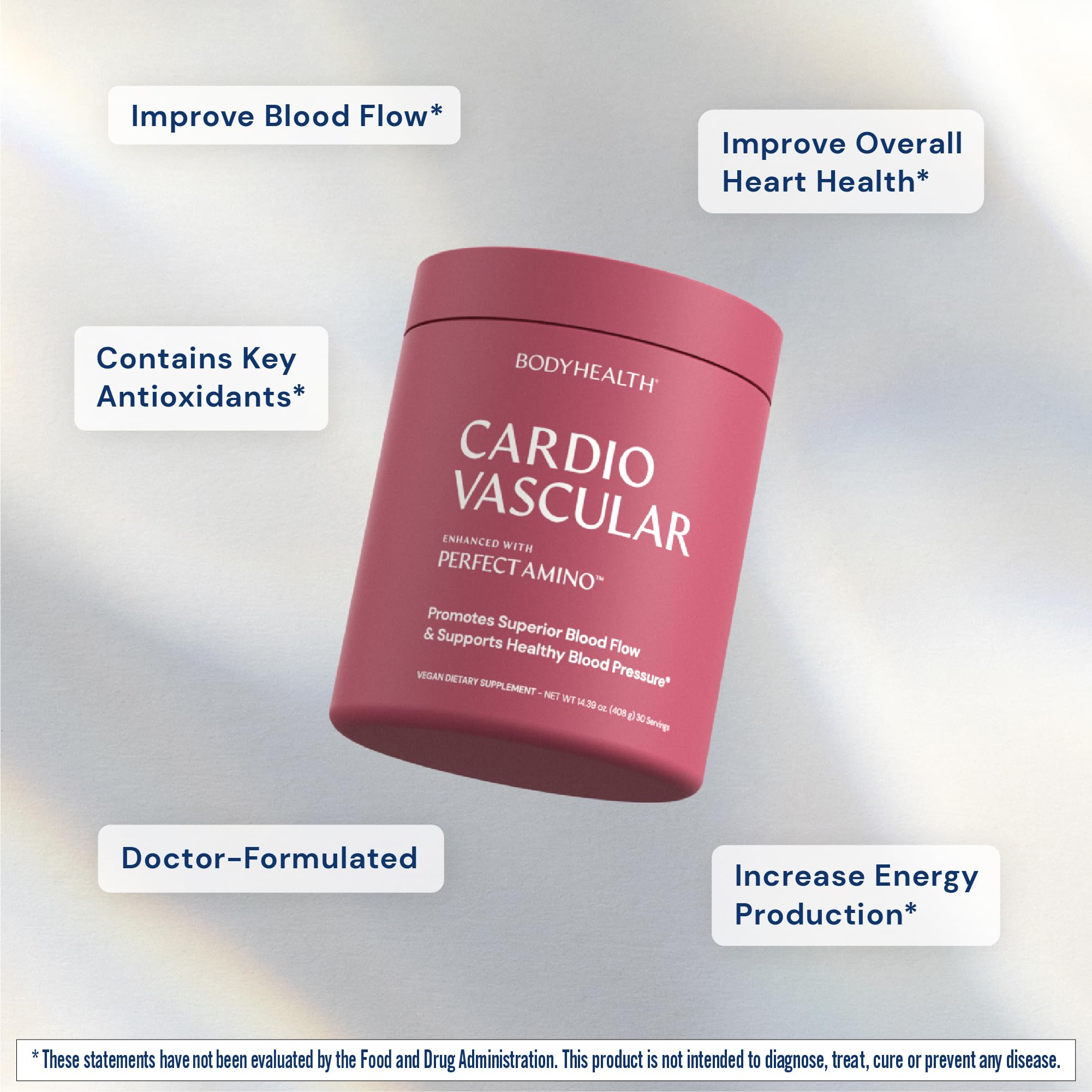 BodyHealth Cardio Vascular label closeup emphasizes clean ingredients and chocolate flavor