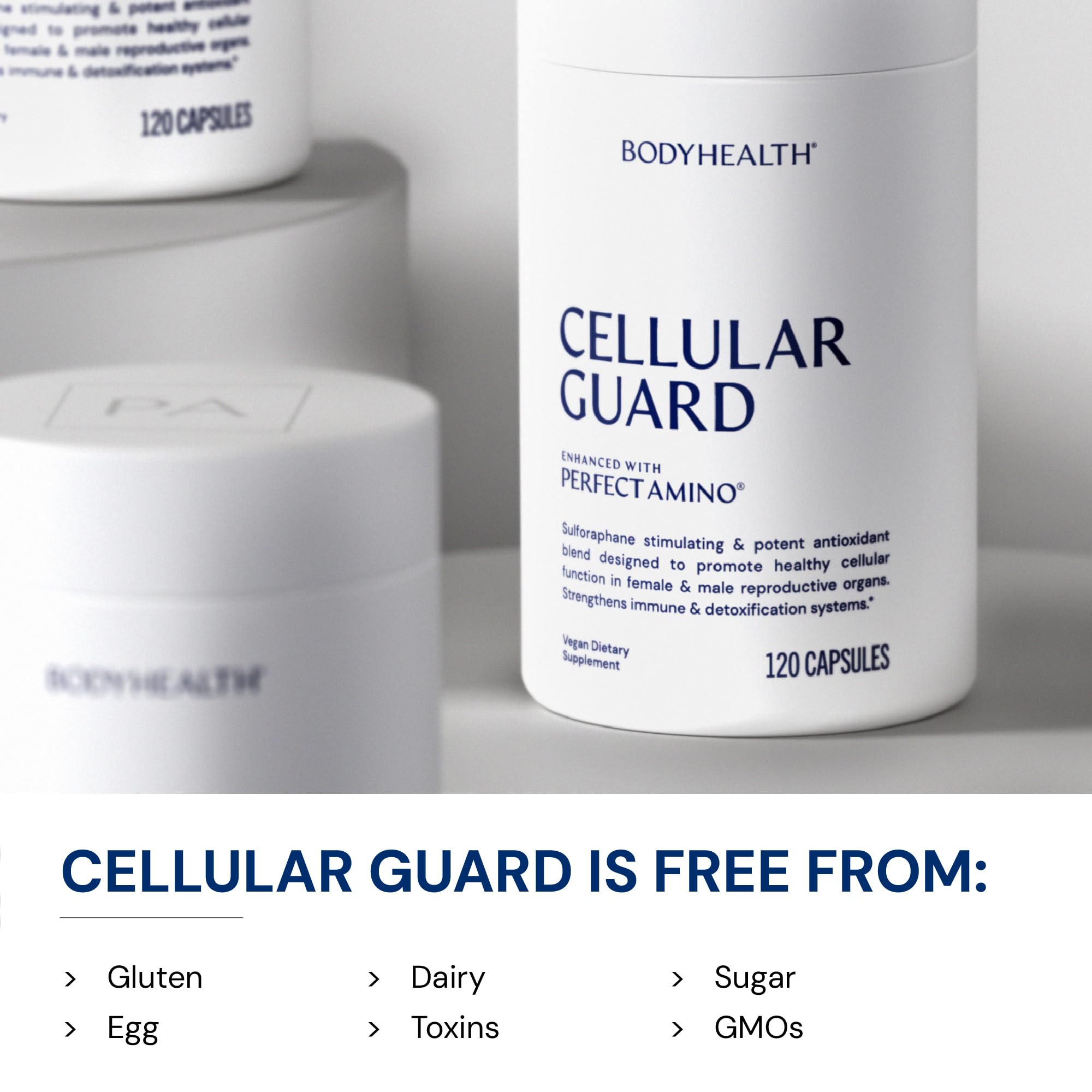 BodyHealth Cellular Guard bottle on a clean counter suggesting detox support.