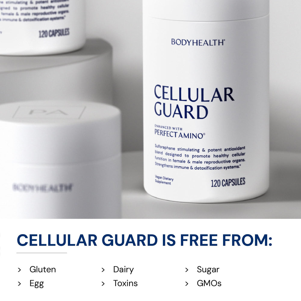 BodyHealth Cellular Guard bottle on a clean counter suggesting detox support.