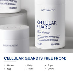 BodyHealth Cellular Guard bottle on a clean counter suggesting detox support.