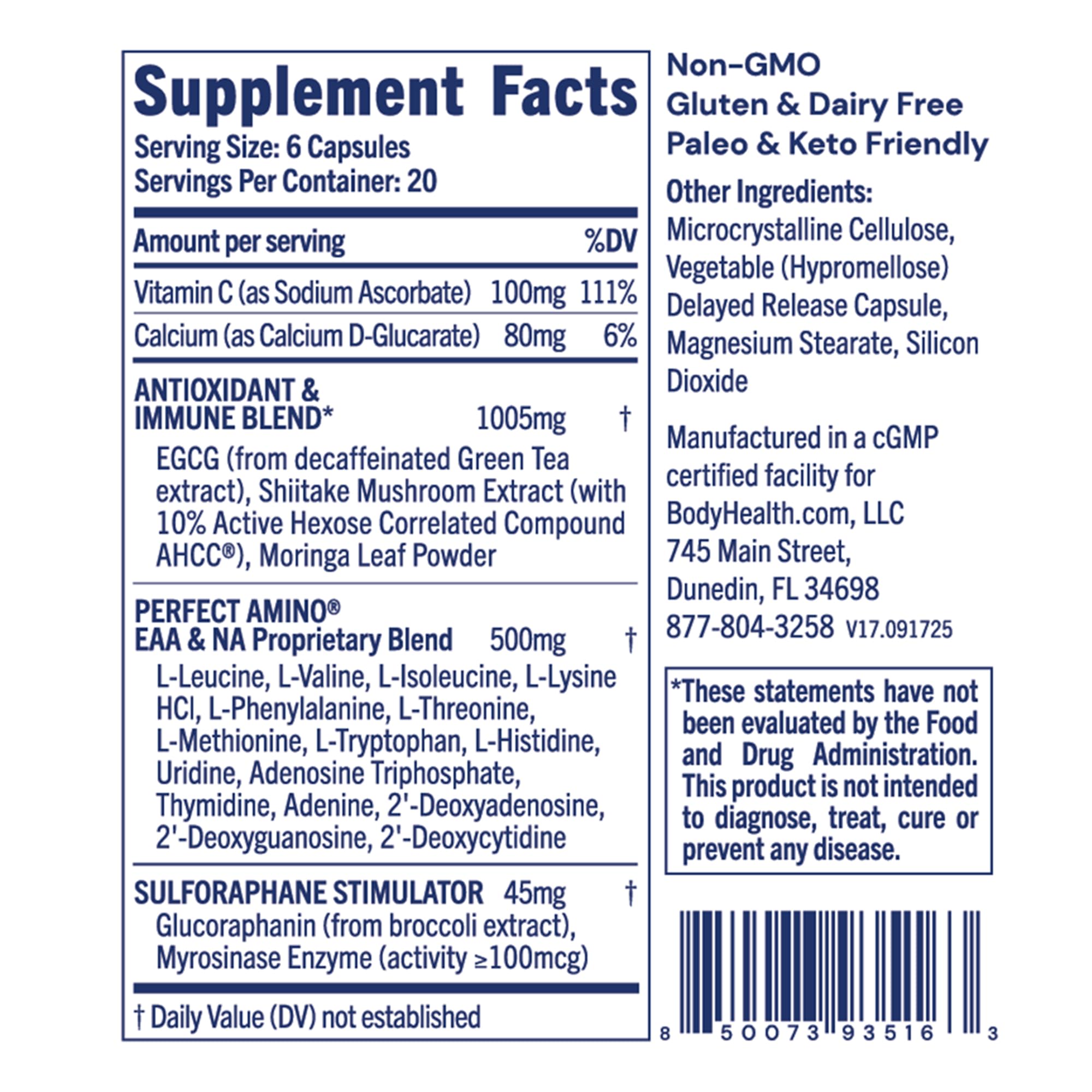 BodyHealth Cellular Guard capsules close-up highlighting vitamin C and mineral delivery.