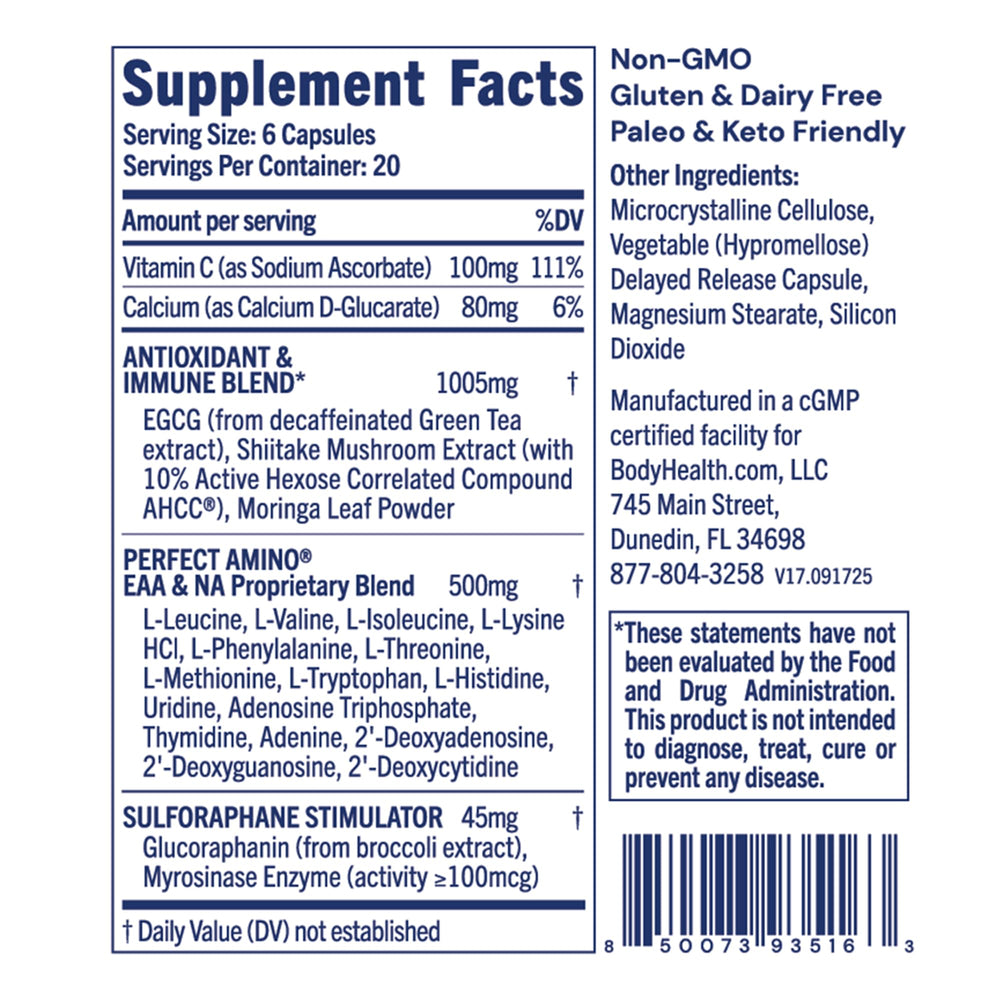 BodyHealth Cellular Guard capsules close-up highlighting vitamin C and mineral delivery.