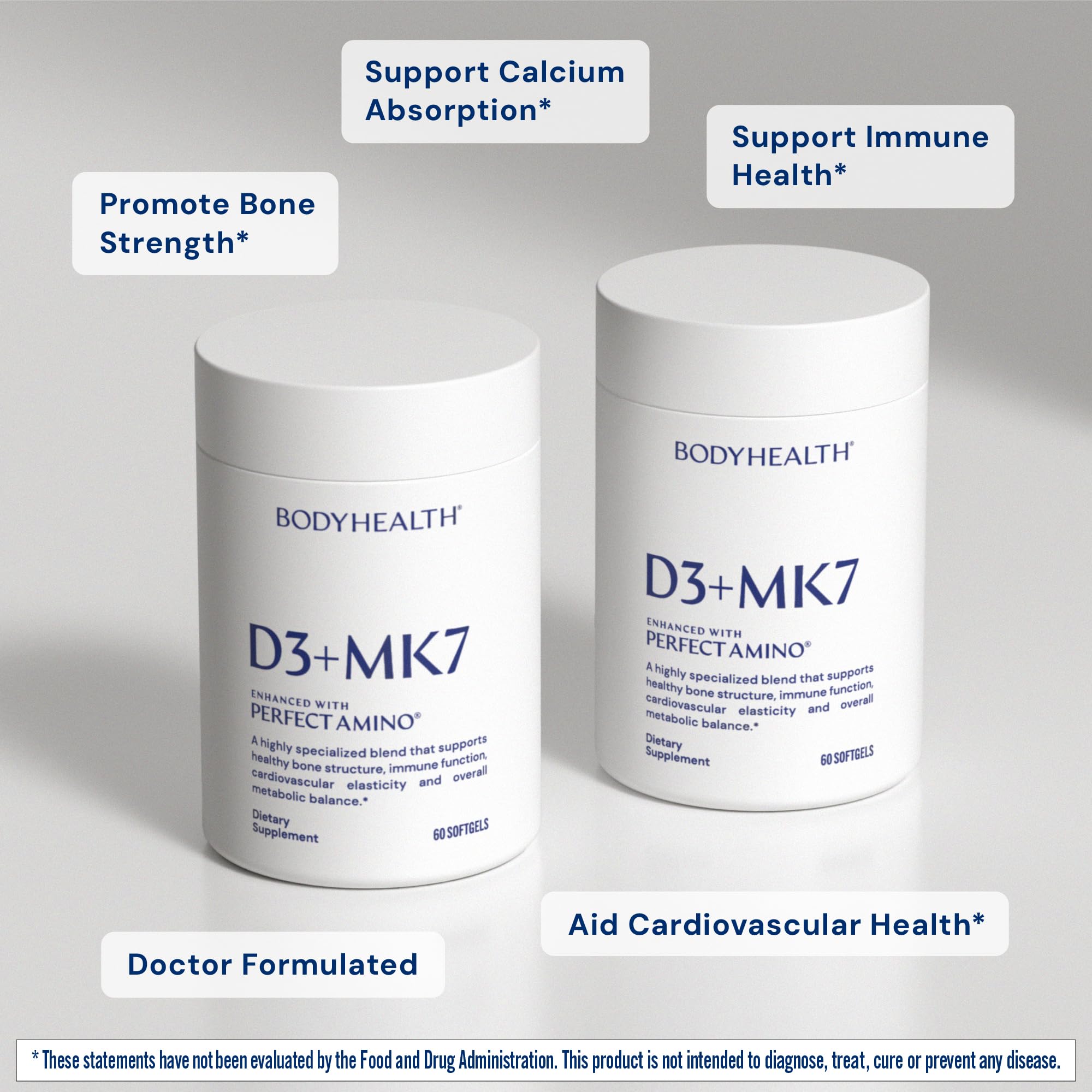 BodyHealth D3 + MK7 capsules on a table, clean and pure formulation for daily use.