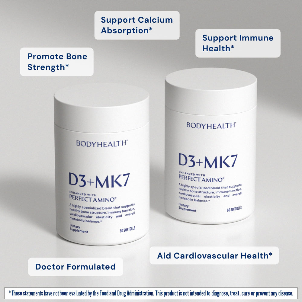 BodyHealth D3 + MK7 capsules on a table, clean and pure formulation for daily use.