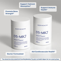 BodyHealth D3 + MK7 capsules on a table, clean and pure formulation for daily use.