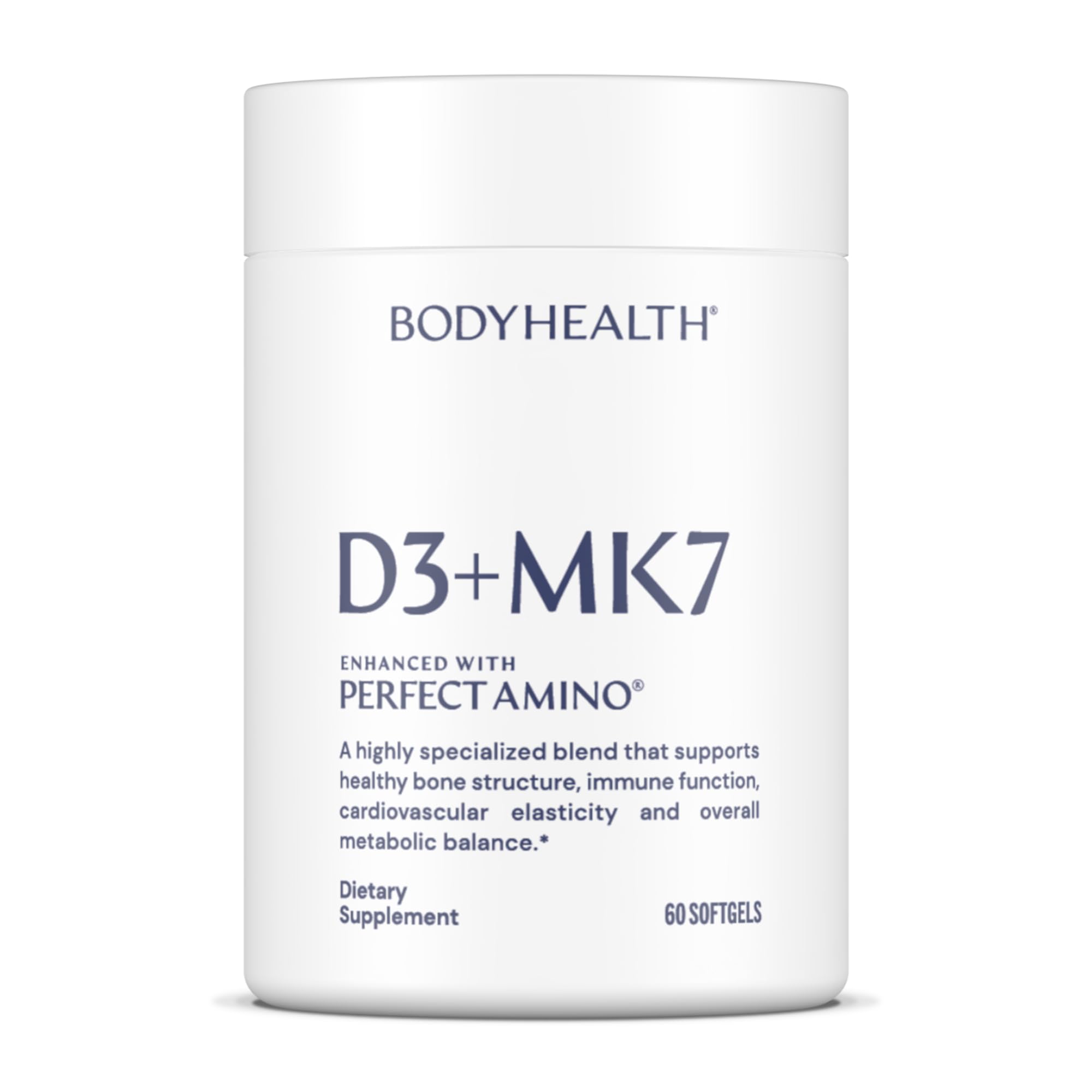 BodyHealth D3 + MK7 softgel bottle showing high-potency daily support for bone and immune health.