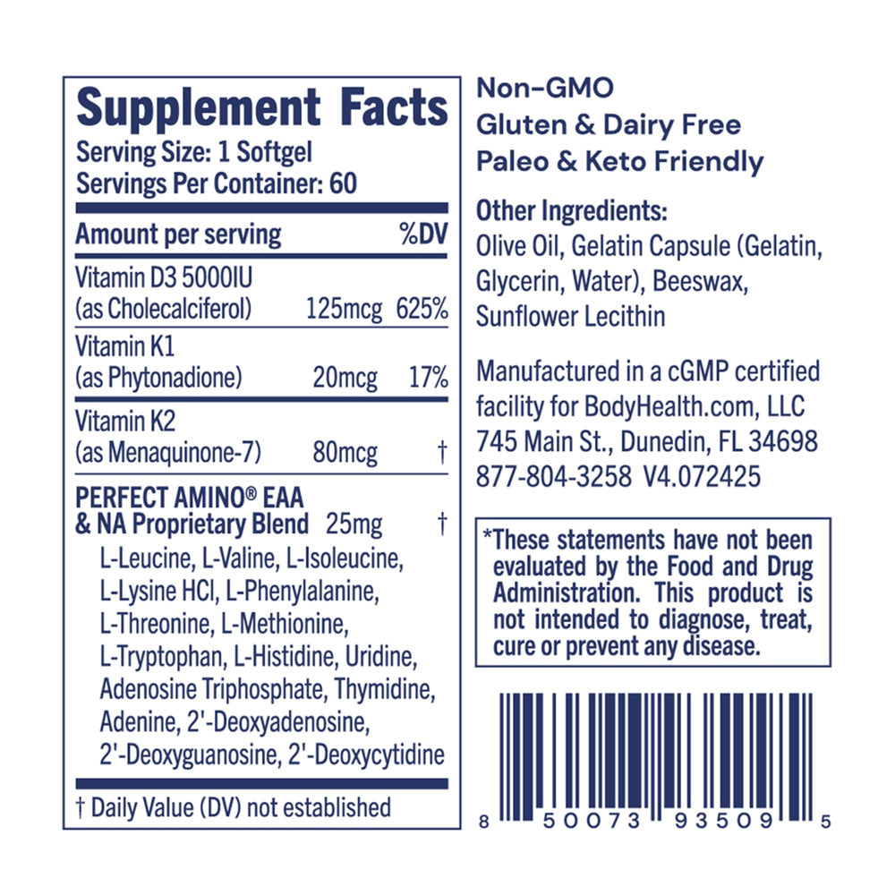 BodyHealth D3 + MK7 softgels close-up highlighting easy-to-swallow design.