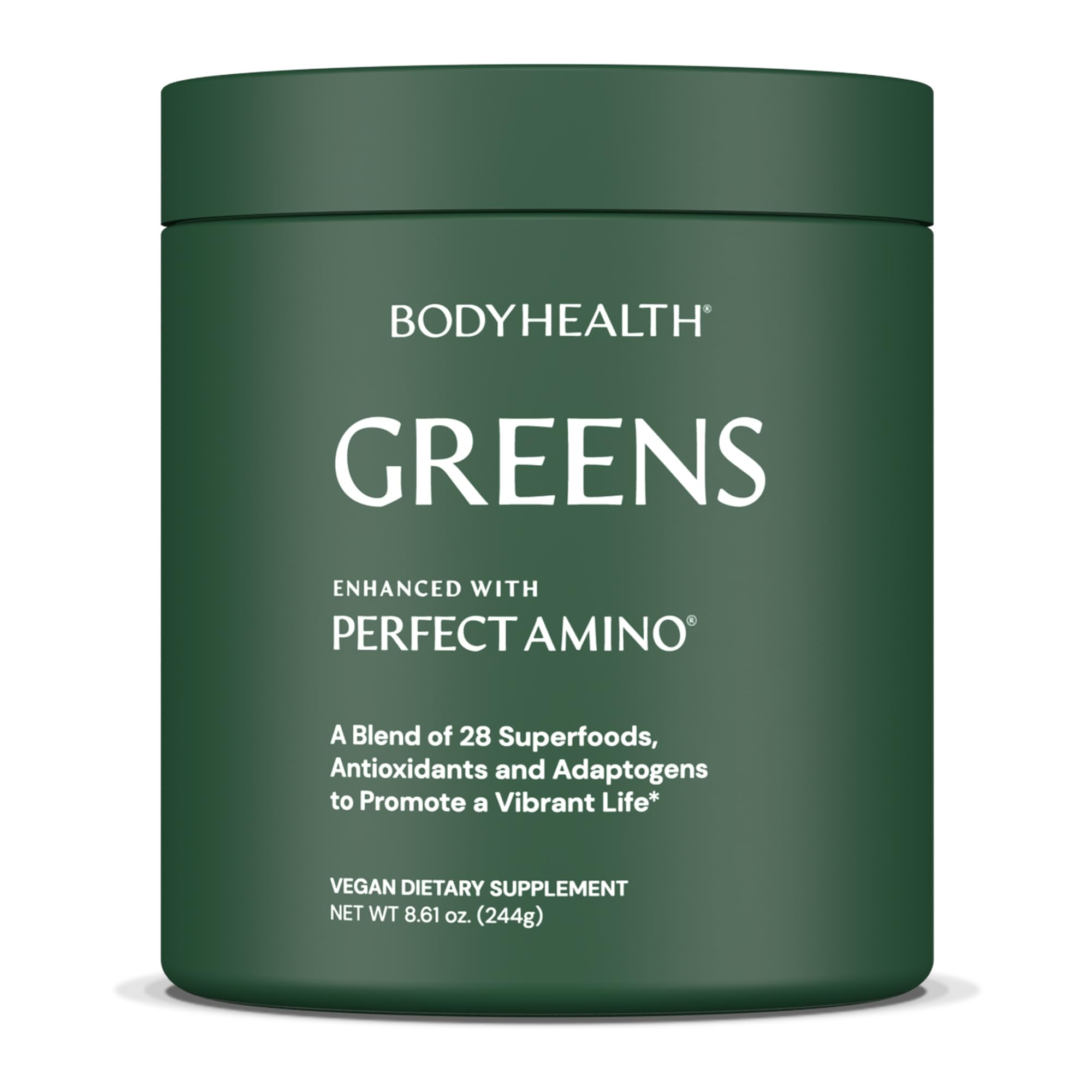 BodyHealth Greens Enhanced with PerfectAmino bottle pour showing daily nutrition boost
