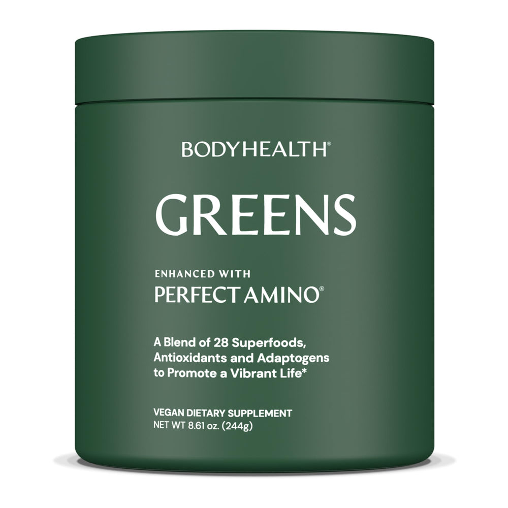 BodyHealth Greens Enhanced with PerfectAmino bottle pour showing daily nutrition boost