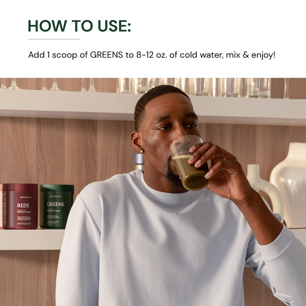 Daily shake with BodyHealth Greens Enhanced with PerfectAmino ready to blend