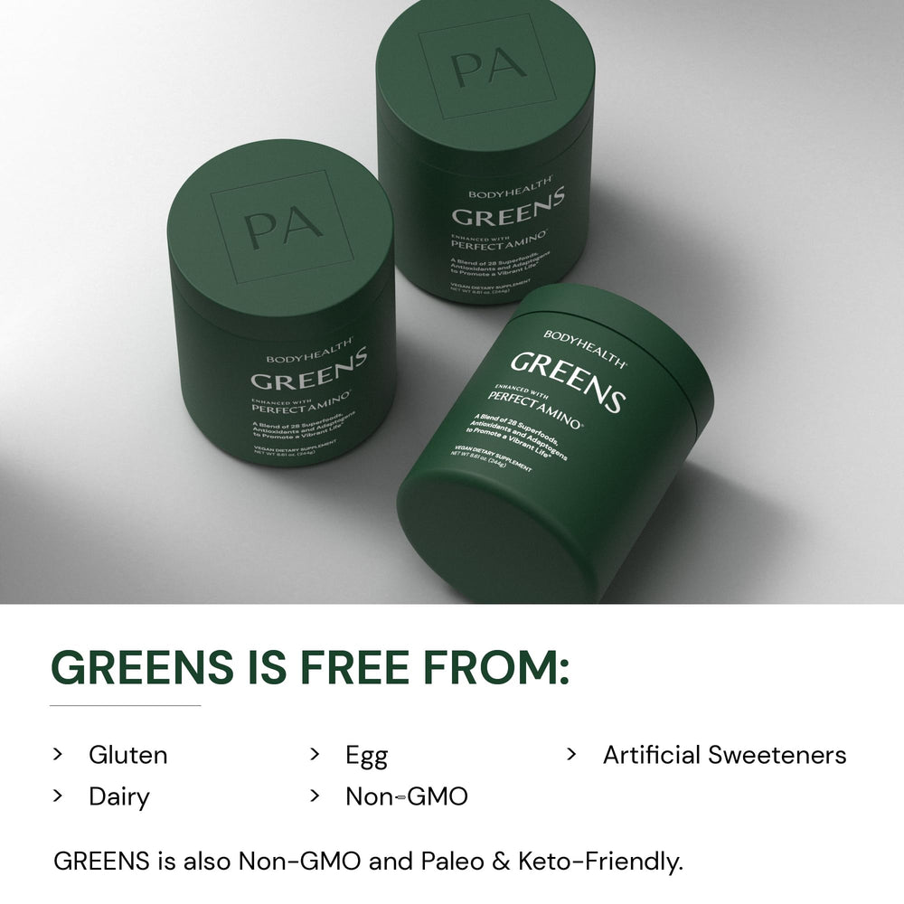 Graphic of BodyHealth Greens Enhanced with PerfectAmino ingredient blend and antioxidants