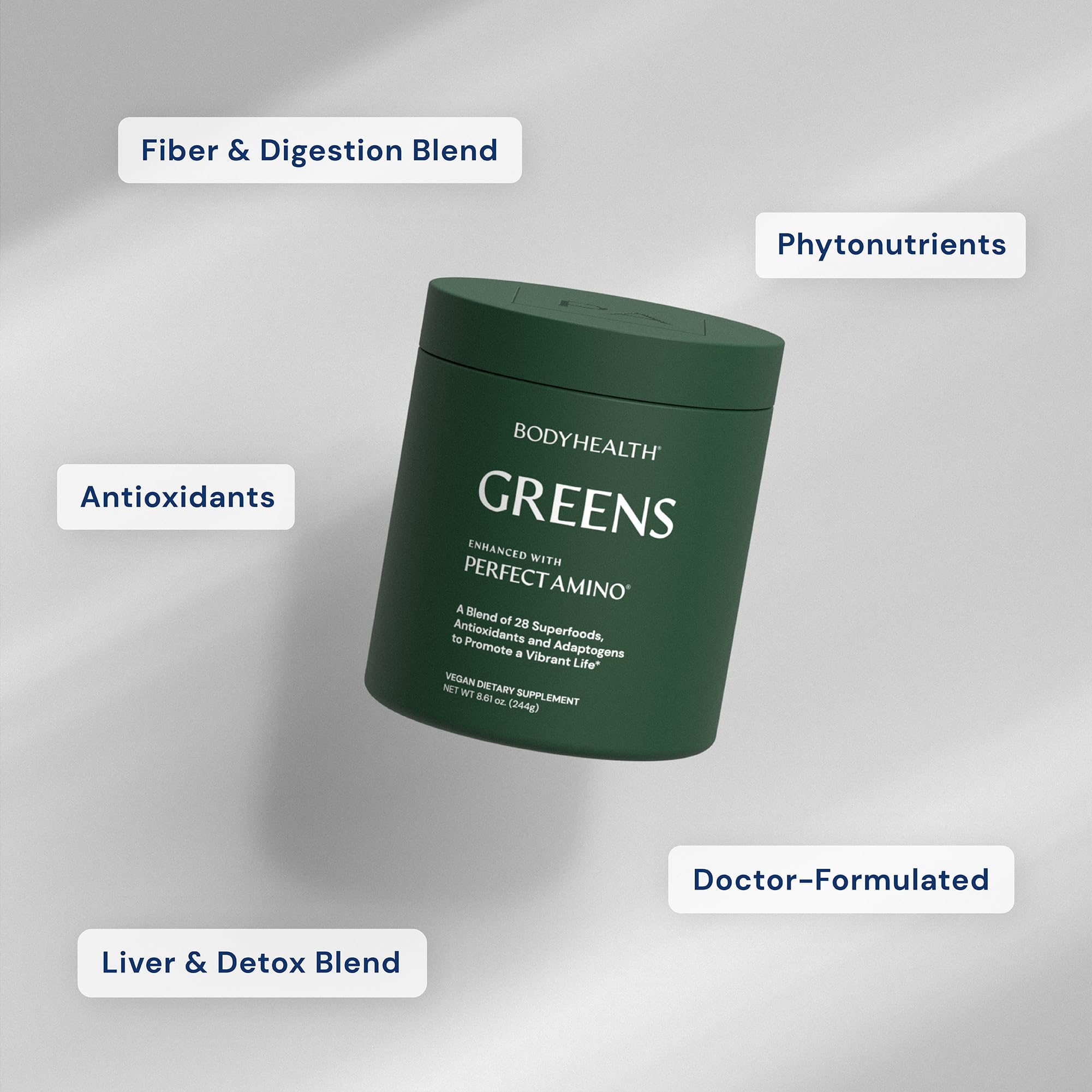 BodyHealth Greens Enhanced with PerfectAmino tub label highlighting vegan, non-GMO ingredients