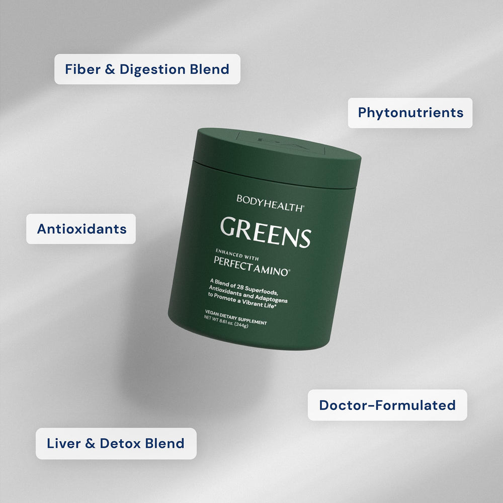 BodyHealth Greens Enhanced with PerfectAmino tub label highlighting vegan, non-GMO ingredients