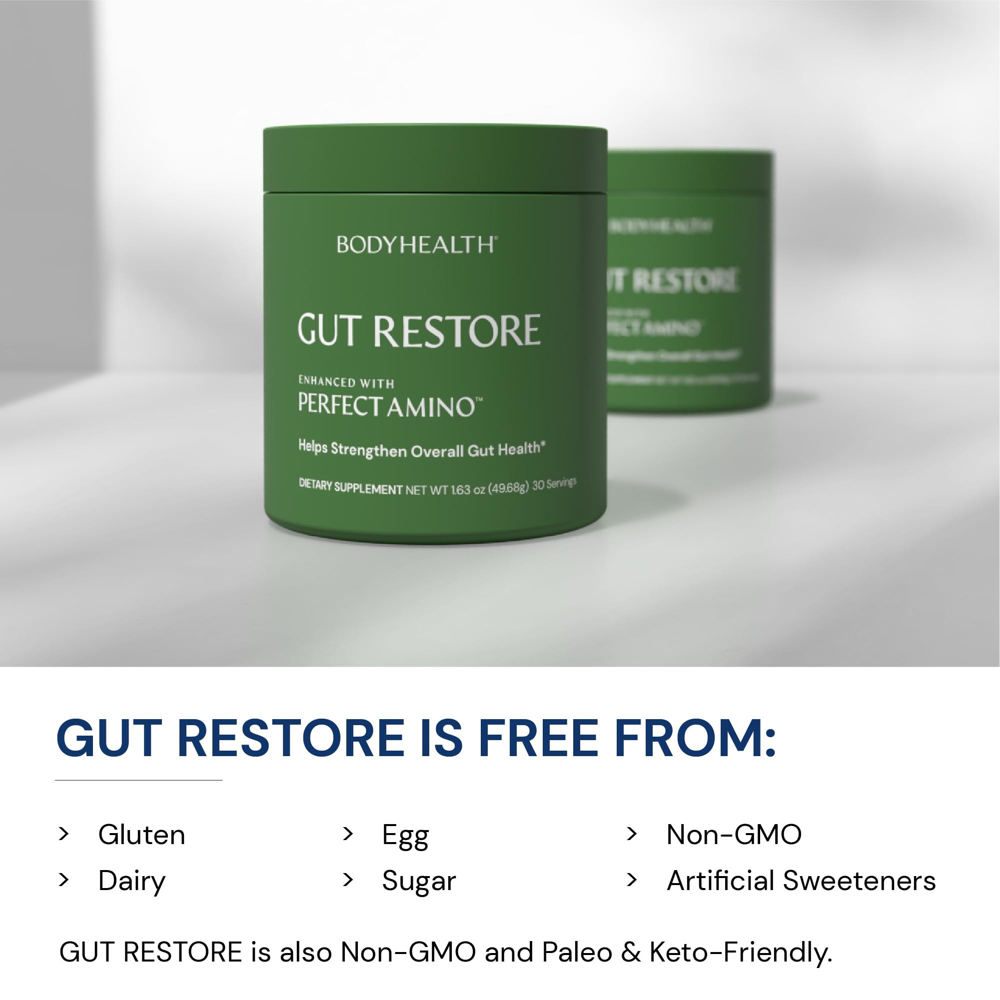 BodyHealth Gut Support scene showing powder being added to liquid, for digestion comfort.
