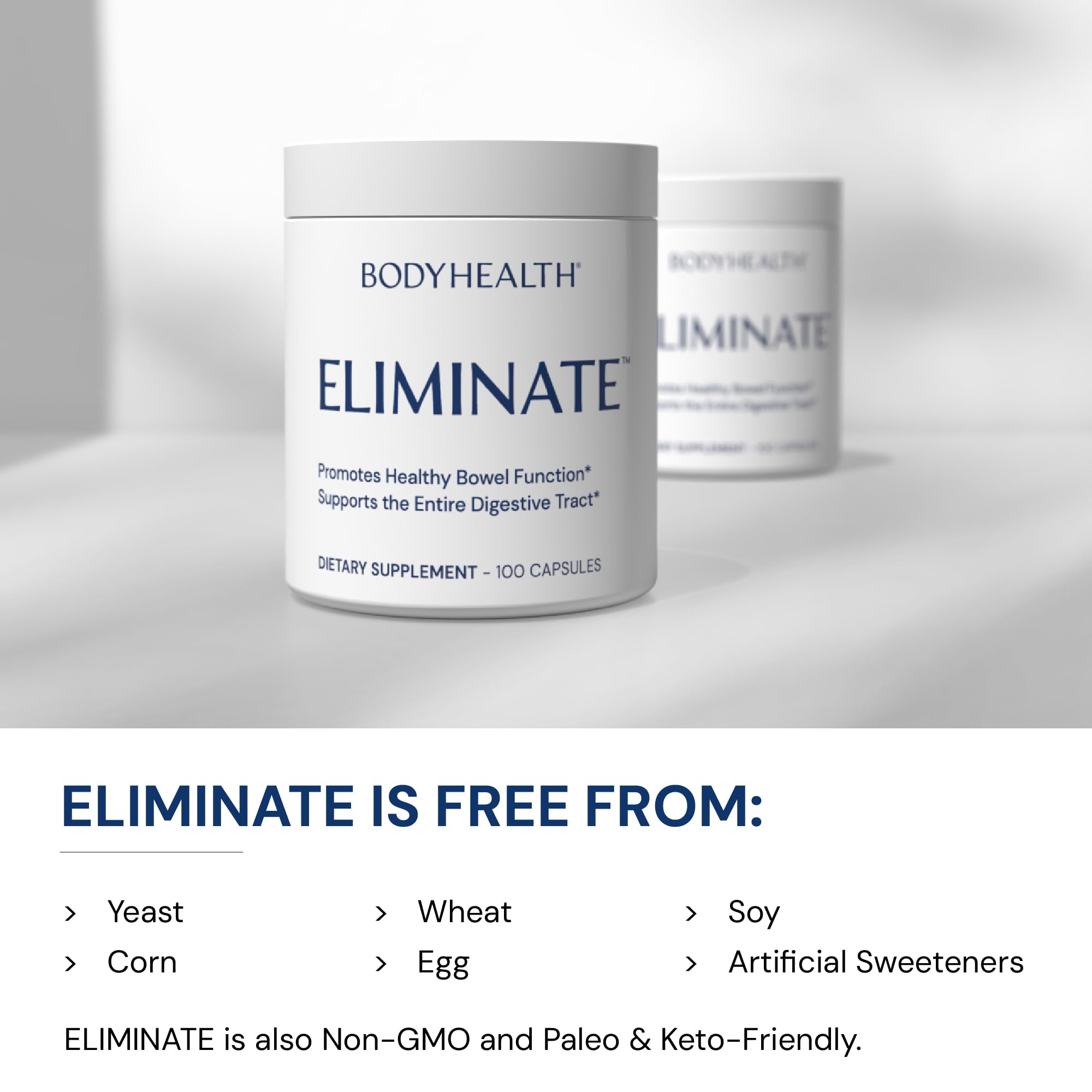 BodyHealth Intestinal Cleanse tablets on a kitchen counter, natural formula without cramps
