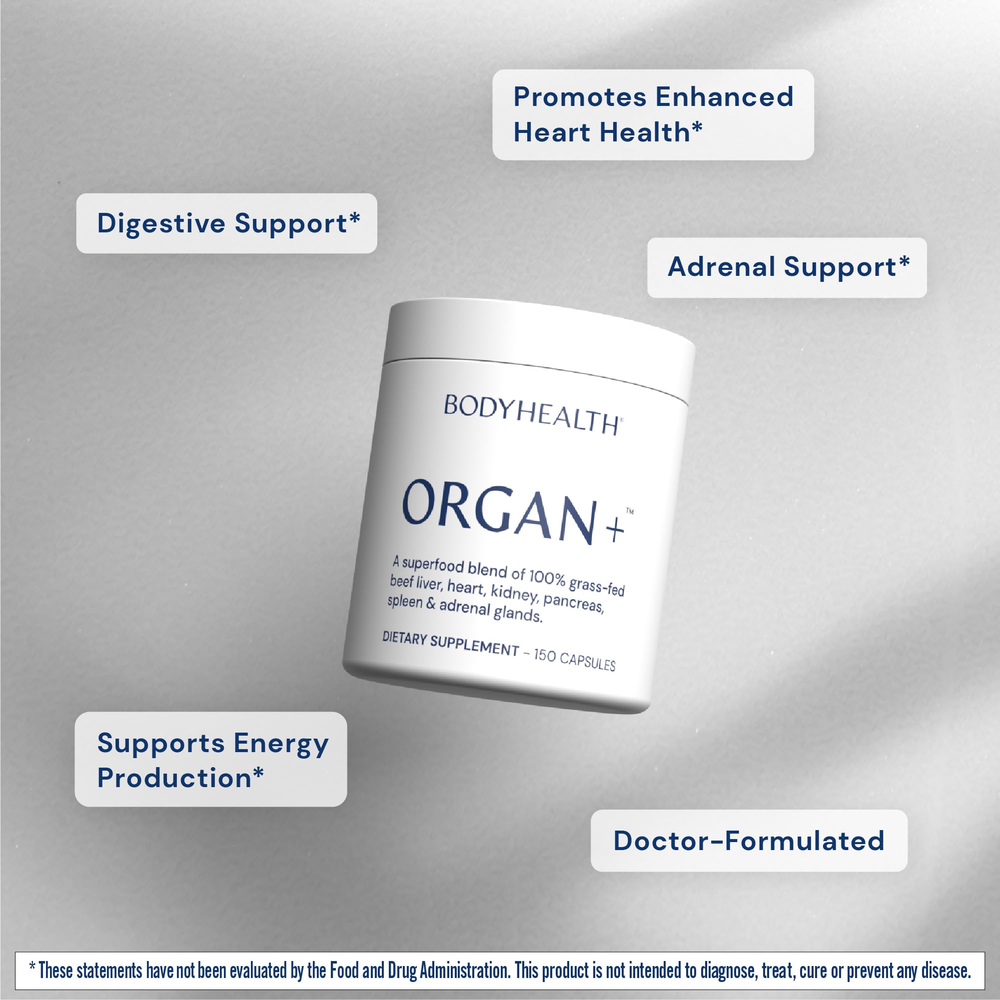 BodyHealth Organ Plus label highlighting grass-fed sourcing from New Zealand and Argentina.