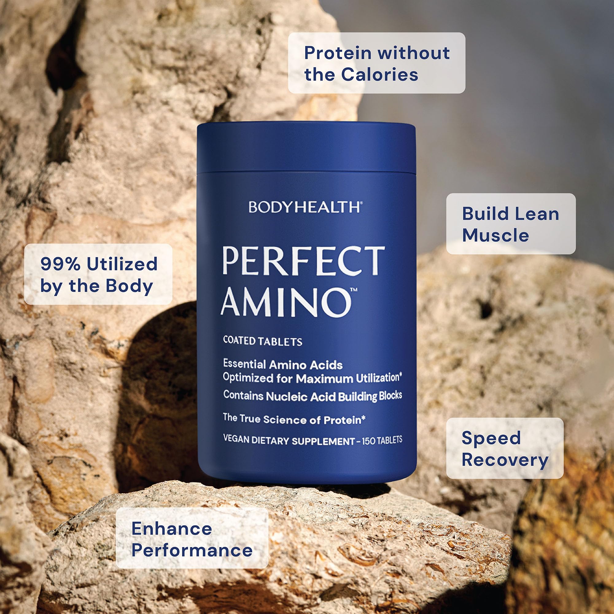 BodyHealth PerfectAmino 600ct vegan coating close-up emphasizes clean intake.