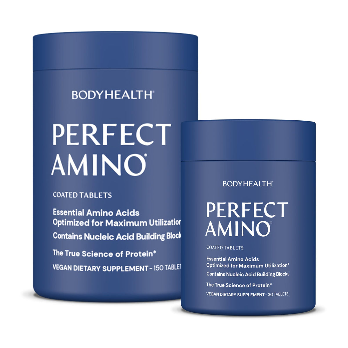 BodyHealth PerfectAmino bottle front with easy-to-swallow vegan tablets for workouts.